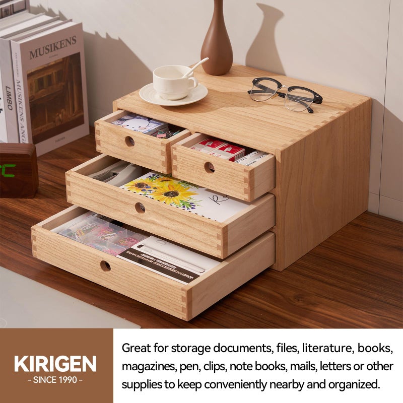 Kirigen Natural Wood Desktop Organizers with Drawers - Home Workspace Office Supplies Wooden Storage Box Shelf Case - Hold Makeup Box (NA, 3-Layer &4 Drawers) - Image 3